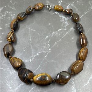 Large Tumbled Tigers Eye Natural Stone Necklace 925 Clasp